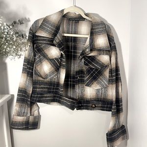 Navy and Tan Flannel Moto Crop Shacket